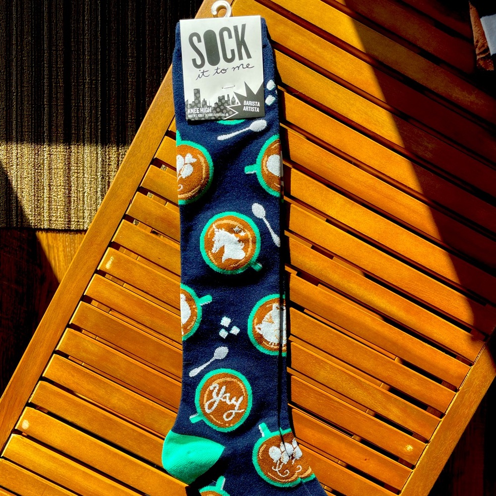 Sockit to me, knee high knit socks. Barista pattern.